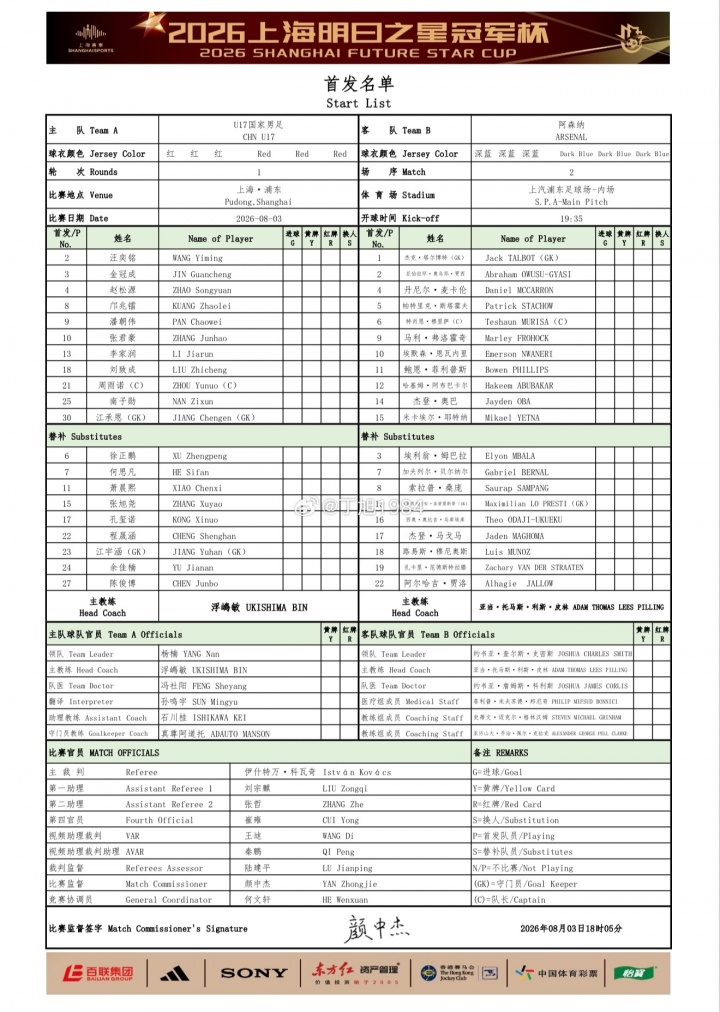 U17国足对阿森纳首发公布 邝兆镭赵松源领衔出击