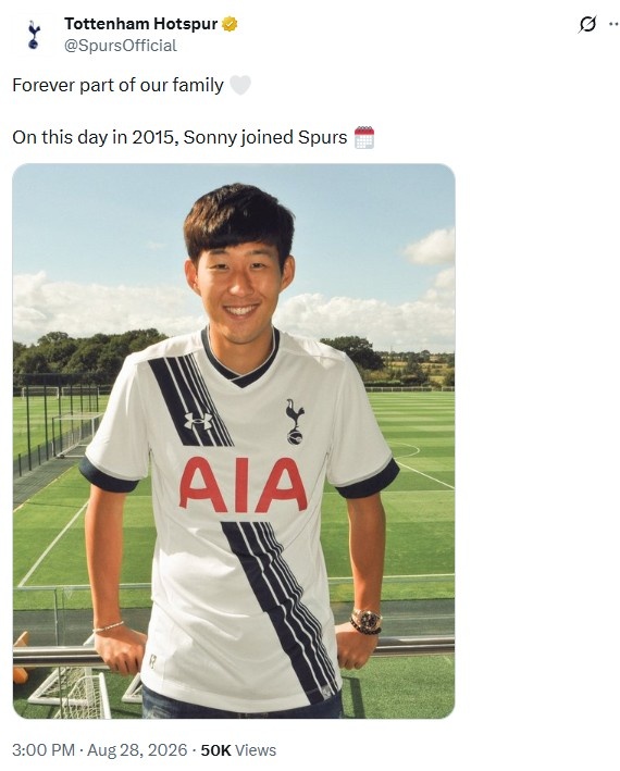 热刺发文回顾孙兴慜11年前今日加盟球队：你永远是热刺大家庭一员
